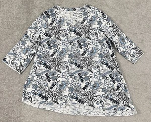 LULU- B Top Womens XL Blue White Floral Asymmetrical Tunic Top Coastal Preppy - Picture 1 of 8