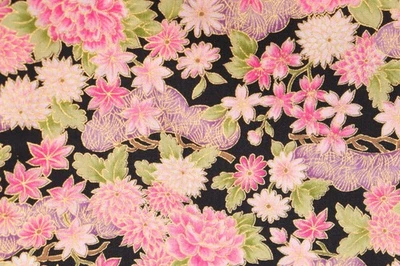 104"L x 44"W Fabric Traditions Asian Look Pink Purple Flowers Gold Trim on Black - Image 1 of 4