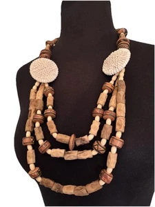 BOHO Tribal Chunky Wood Beaded Necklace Multi Triple Strand Statement 24-28” - Picture 1 of 11
