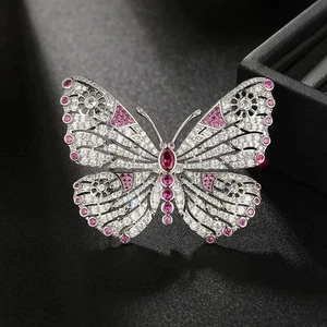 3Ct Oval Cut Lab Created Pink Ruby Butterfly Brooch Pin 14K White Gold Plated - Picture 1 of 7