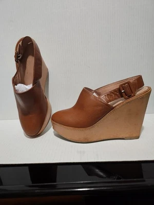 Guante de béisbol Robert Clergerie bronceado zuecos de cuña de cuero talla 8 con tira trasera Foto 1 de 4