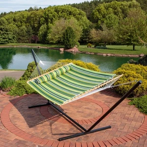 2-Person Quilted Fabric Hammock with Steel Stand - Melon Stripe by Sunnydaze - Picture 1 of 6