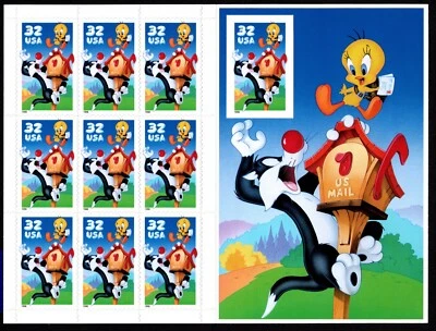 US #3205 Sylvester & Tweety Bird #10 Stamp Imperf Pane of 10 - Post Office Fresh - Image 1 of 2