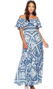 Eliza J Petites schulterfreies fließendes Damen-Maxikleid mit Blumenmuster blau 4P - Bild 1 von 2
