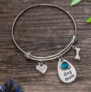Dog Mom Charm Bangle Paw Print Dog Lover - Picture 1 of 2