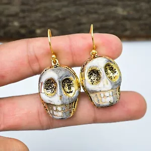 Howlite 18k Gold Plated 925 Silver Electroforming Skull Earrings Jewelry Gift - Picture 1 of 4