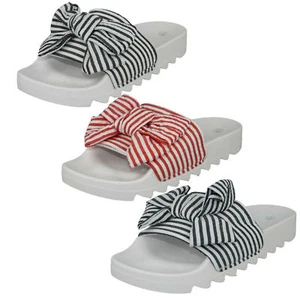 Mujer Rojo/Negro/Azul Marino Blanco Rayas Spot On Pasadores Pantuflas Con Lazo - Imagen 1 de 12