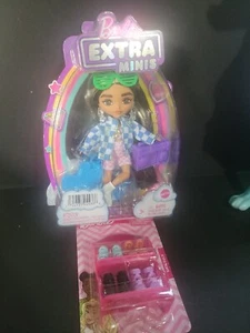 Barbie Extra Minis Doll Checkered Jacket Outfit Accessories Long Hair New  - Picture 1 of 1
