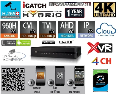 4 Channels H.265+ 4K Ultra HD Hybrid Security DVR HD-CVI/TVI/AHD/960H/IP/P2P - Image 1 of 4
