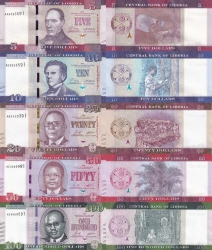 Liberia Set 5 Pcs 5 10 20 50 100 Dollars P 31 32 39 40 41 2016 - 2022 UNC - Image 1 of 1