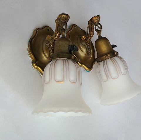 Antique Hand-Painted Gold Design Frost Glass Shades Brass Wall Sconces PAIR Cover