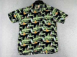 Point Focus Shirt Youth Extra Lage Green Black Sailboat Island Print Hawaiian - Picture 1 of 14
