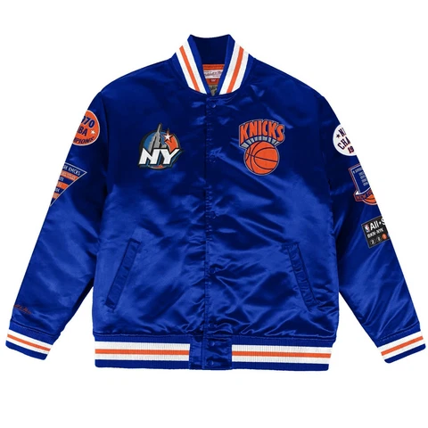 New York Knicks Mitchell & Ness CHAMP CITY SPARKLE SATIN NBA Jacket - Royal Cover