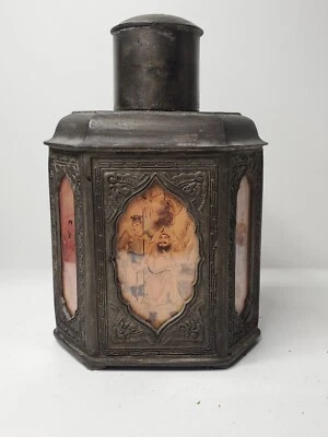 19th C. Chinese Bronze Tea Caddy Flask 6 Reverse Painted Glass Panels FREE SHIP - Image 1 of 4