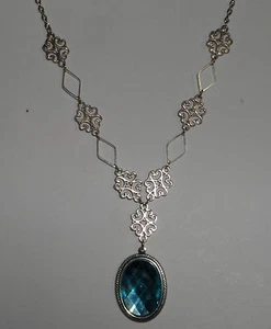 LACY FILIGREE VICTORIAN STYLE TURQUOISE ACR CRYSTAL SILVER PL PENDANT NECKLACE - Picture 1 of 1