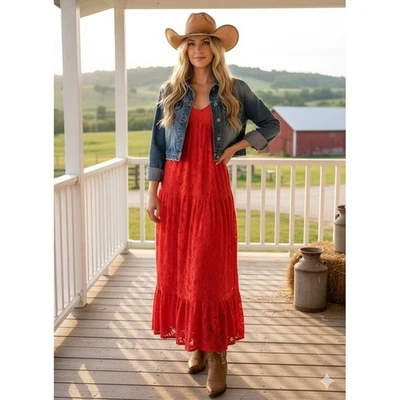 Bebe Red Lace Maxi Dress Spaghetti Straps Tiered Ruffle Boho Farmhouse S - Image 1 of 4