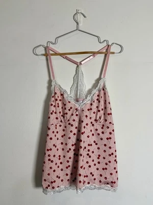 🍒 Marilyn Monroe Pink Cherry Lace Cami Top – Size L - Image 1 of 4