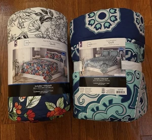 Two Mainstays Floral Red/Blue Floral Polyester Quilt, King, Reversible - Picture 1 of 2