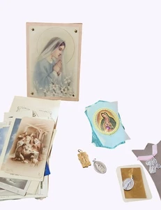 Vtg Catholic Religious Lot Medals & Holy Cards Virgin Mary & Saints Assortment - Picture 1 of 6
