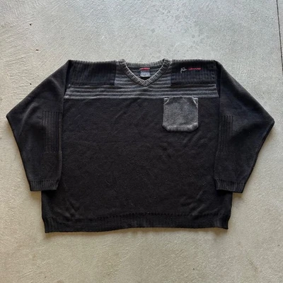 Vintage Y2K Fubu Sweater Size Large Black Gray Pullover Striped Pocket Grunge - Image 1 of 4