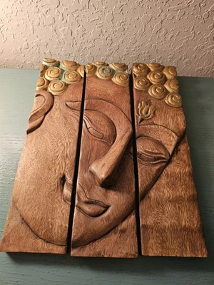 Escultura de parede vintage de Buda de madeira esculpida à mão 3 peças, design 3D - muito boa - Imagem 1 de 4