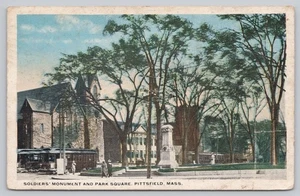 White Border Postcard Soldiers Monument and Park Square Pittsfield Massachusetts - Picture 1 of 2
