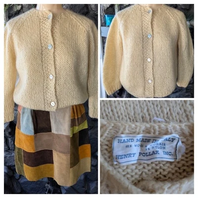 Vtg Henry Pollak Handknit Italy Mohair Wool Cardigan Sweater 1960s Raglan Sleeve - Image 1 of 4