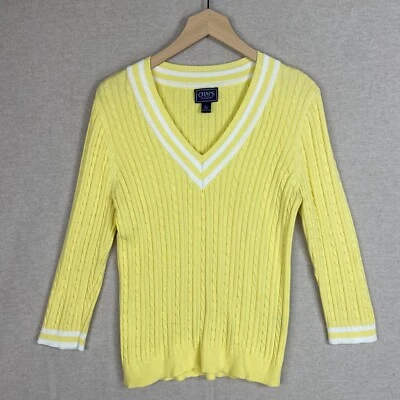 Y2K Chaps 女式电缆针织毛衣大号 V 领修身学院风网球老钱 — 第 1/4 张图片