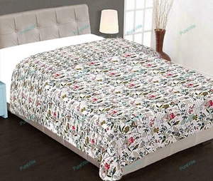 Handmade Flower Pattern Kantha Quilt Reversible Bedspread Queen Cotton Coverlet - Picture 1 of 9