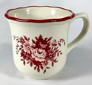 Taza/taza de cerámica Cracker Barrel esmalte crema rosa/rojo flores borde acanalado puntos usado en excelente estado - Imagen 1 de 4