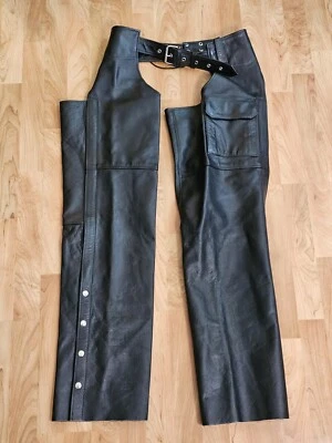 VTG Interstate Leather Men's Medium Black Leather Chaps Biker Riding Motorcycle  - Image 1 of 4