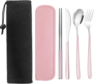 Portable Travel Utensils Set with Case, Pink Reusable Silverware Set, TWUTGAYW - Picture 1 of 12