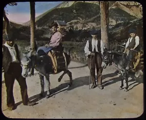 Glass Magic Lantern Slide PEASANTS ON DONKEYS C1890 VICTORIAN PHOTO SPAIN ? - Picture 1 of 2