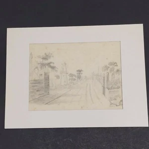 Antique Original Art Sketch 1800s Lighthouse Tower Trees Dirt Road Pave Stones - Picture 1 of 8
