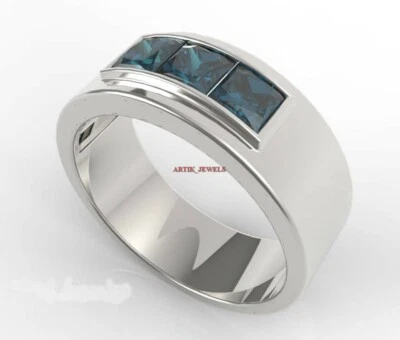 Натуральный Лондон синий топаз с 14K белое золото покрытием серебряное кольцо для мужчин #3046 - Изображение 1 из 4