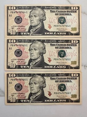 Lot Of 3 Series 2017A $10 Dollar Bills Federal Reserve Note Consecutive - Image 1 of 2