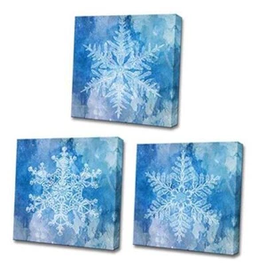 3 Piece Winter Theme Snowflake Canvas Wall Art Abstract Blue Snow Picture - Picture 1 of 6