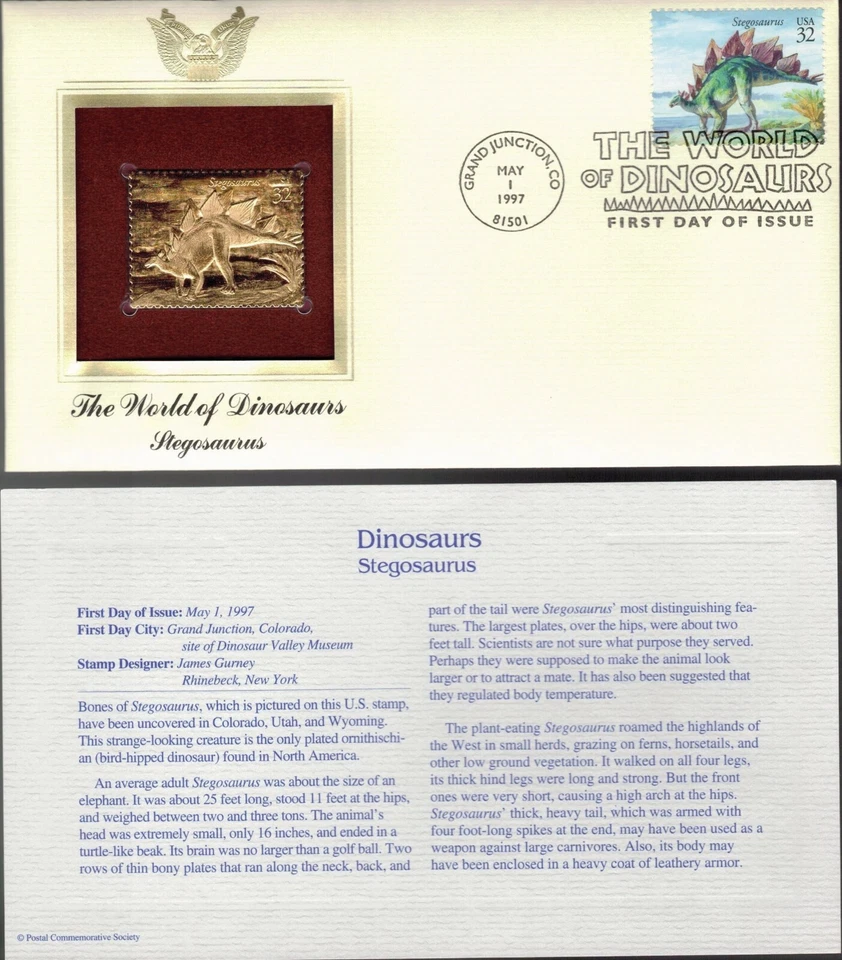 The World of Dinosaurs--Stegosaurus--1st day issue-Golden Replica - Image 1 of 1