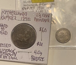 (2) Netherlands Coins 2 1/2 Broadaxe Cent 1890 & 1910 KM#145 Silver 10 Coin LQQK - Picture 1 of 22