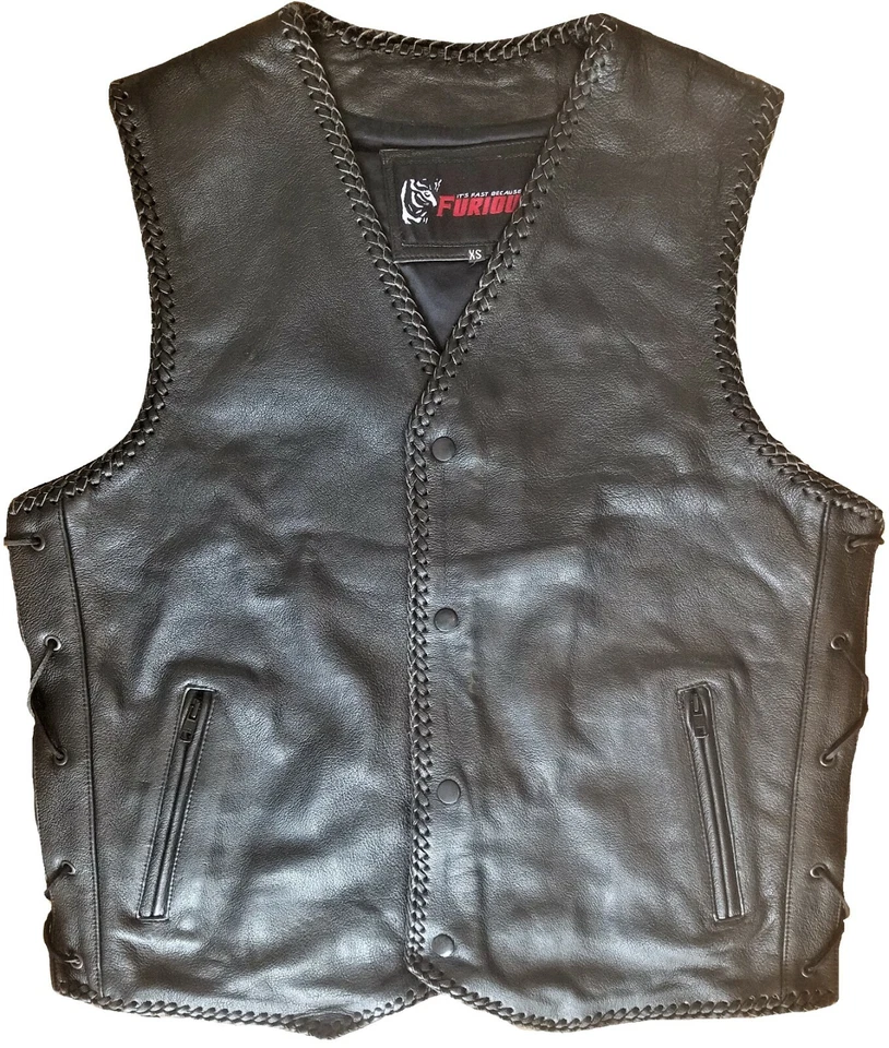 Motorcycle Leather Button Vest Motorbike Braided Bike Riding Thick Leather Vest - Image 1 of 3