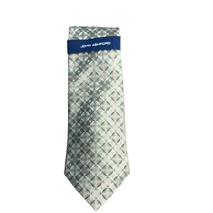 Corbata John Ashford Bronceada Crema y Azul Geométrico Patrón Círculo 100% Seda Nueva con Etiquetas - Imagen 1 de 2