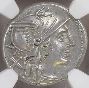 Roman Republic AR Denarius - Pinarius Natta c. 149 BC - NGC AU St. 5/5, Su. 4/5 - Picture 1 of 4