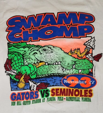 Vtg Florida Gators T Shirt Medium White 1993 SWAMP CHOMP Single Stitch Beefy Cover