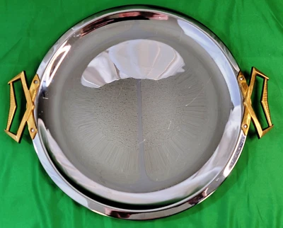 Kromex Round Serving Tray Dish Silver Metal Chrome Handled Retro Decorative 13" - Image 1 of 4