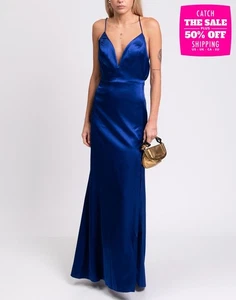 RRP €350 AIDAN MATTOX Satin Gown US12 UK16 IT48 XXL Blue Lined Cut Out Slit - Picture 1 of 10