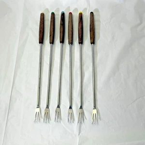 Edelstahl Fondue Gabeln Holz Farbe Enden (3 Zinken Ende) 10,375" 6er Set - Bild 1 von 3
