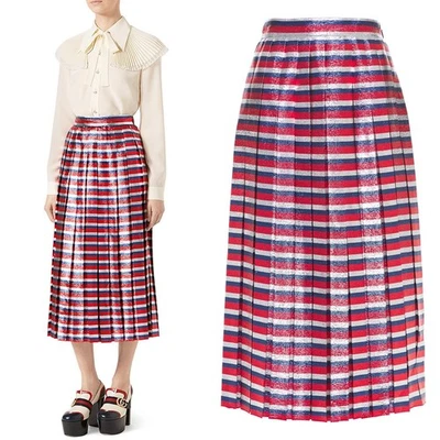 GUCCI SKIRT PLEATED METALLIC STRIPED SILK BLEND MIDI SYLVIE WEB $2,170 42 US 6 - Image 1 of 4