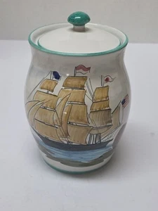 VTG Hand Painted Crock Sailboat & American Flag Made In Italy Signed 7" Tall - Picture 1 of 19