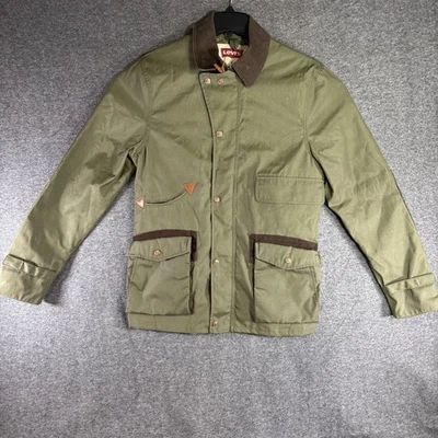 Levi’s Men's Military Jacket Green with Brown Corduroy Collar Medium Snap/Zip - Image 1 of 4