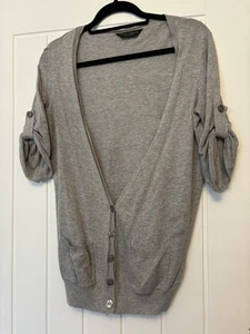 Women’s Grey Fine Knit Cardigan With Pockets And Turn Up Sleeves Size 10 - Picture 1 of 7